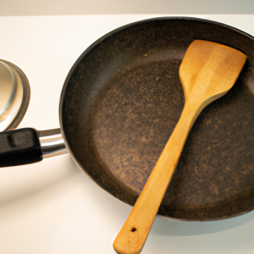 A non-stick pan with a wooden spatula beside it.